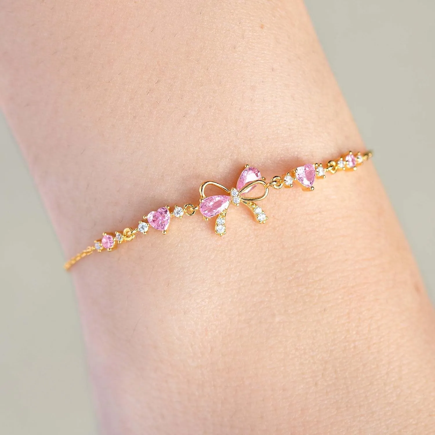 Adjustable Ribbon Bow Beaded Chain Bracelet, Friendship Bracelets with White Pink Zircon (Rose Gold,One Size)
