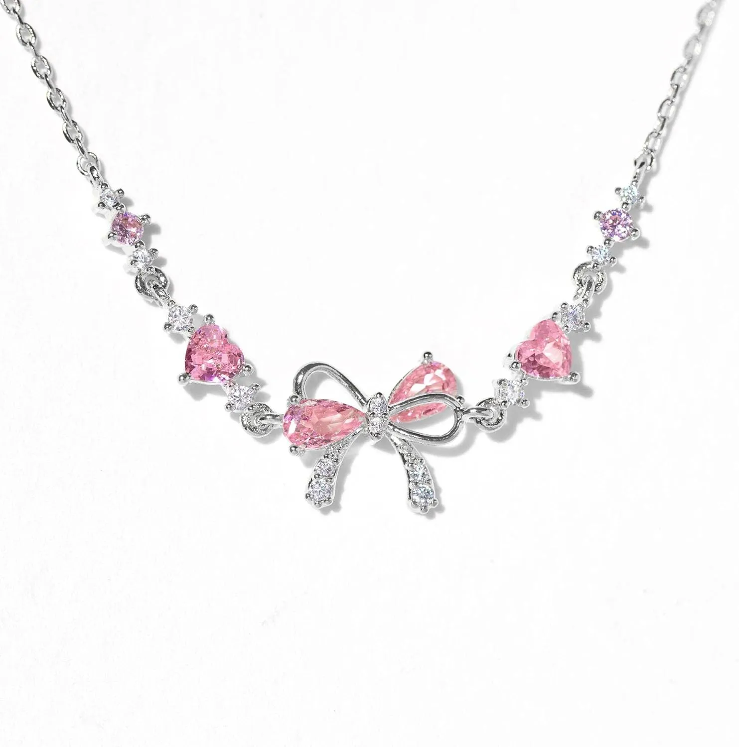 Adjustable Ribbon Bow Beaded Chain Bracelet, Friendship Bracelets with White Pink Zircon (Rose Gold,One Size)