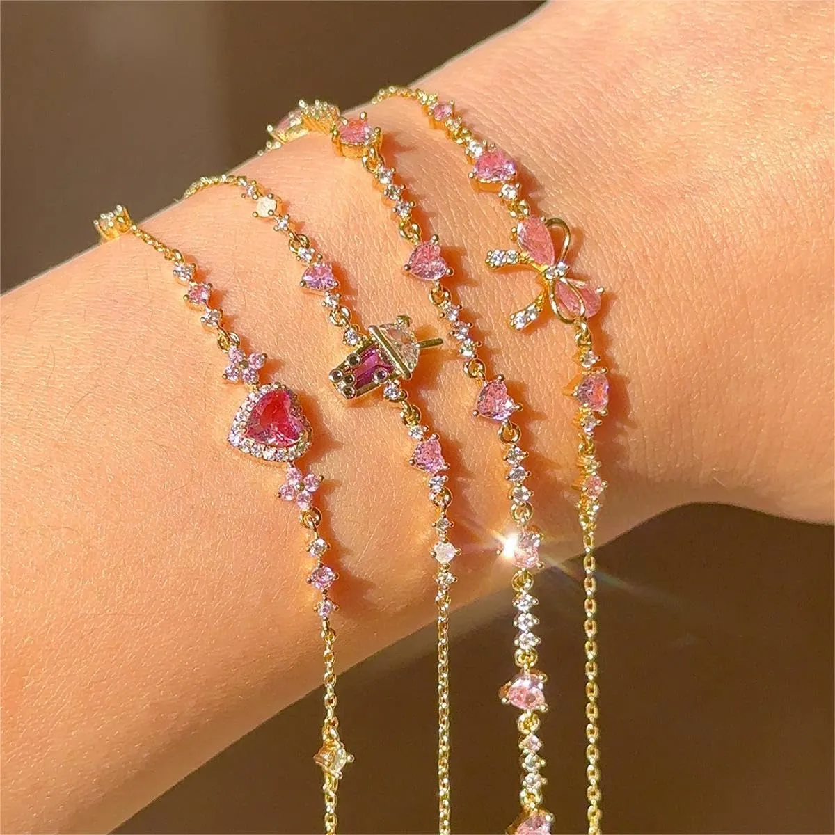Adjustable Ribbon Bow Beaded Chain Bracelet, Friendship Bracelets with White Pink Zircon (Rose Gold,One Size)