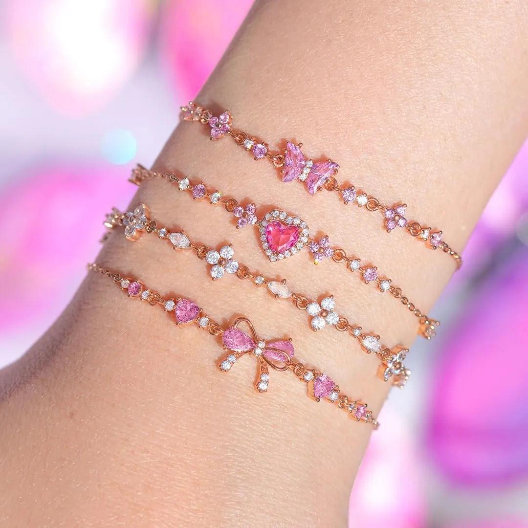 Adjustable Ribbon Bow Beaded Chain Bracelet, Friendship Bracelets with White Pink Zircon (Rose Gold,One Size)
