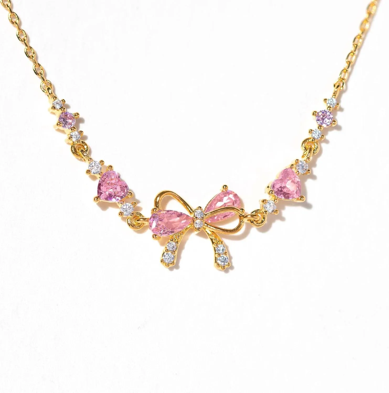 Adjustable Ribbon Bow Beaded Chain Bracelet, Friendship Bracelets with White Pink Zircon (Rose Gold,One Size)
