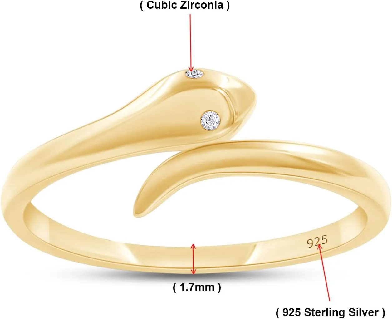 Adjustable Snake Ring | Round Sparkling White Cubic Zirconia Open Snake Rings for Women In 14K Gold Over Sterling Silver Jewelry Gift for Daughters Wife