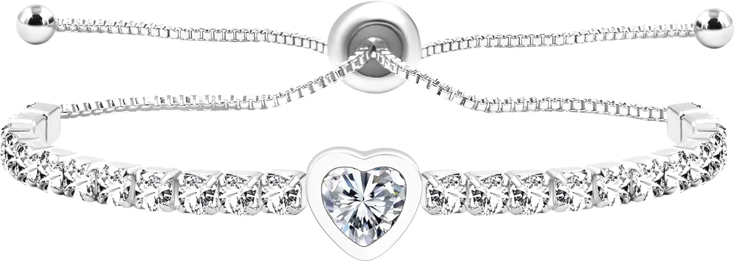 Adjustable Women's Tennis Bracelet with Sparkling Cubic Zirconia, Light Luxury Heart Shaped Charm Stretching Jewelry for Wife Mom and friend