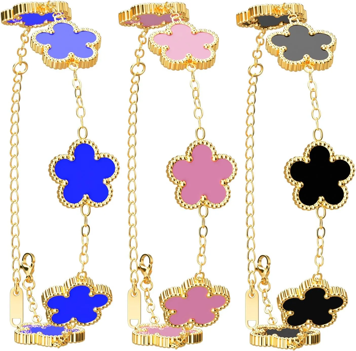 AICase 18K Gold Plated Clover Bracelet Dupes Blue/Pink/Black Bracelet Set for Women Four Leaf Lucky Bracelets Jewelry Birthday Gifts for Women/Mon/Friends_02