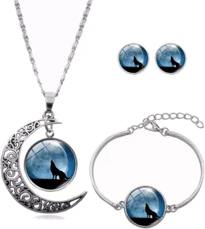 Ailiessy Hollow Crescent Moon Wolf Necklace Pendant Stud Earrings Vintage Time Gemstone New Moon Charm Bracelets for Women Trendy Christmas Jewelry Set