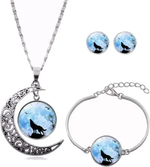 Ailiessy Hollow Crescent Moon Wolf Necklace Pendant Stud Earrings Vintage Time Gemstone New Moon Charm Bracelets for Women Trendy Christmas Jewelry Set