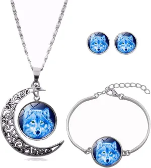 Ailiessy Hollow Crescent Moon Wolf Necklace Pendant Stud Earrings Vintage Time Gemstone New Moon Charm Bracelets for Women Trendy Christmas Jewelry Set