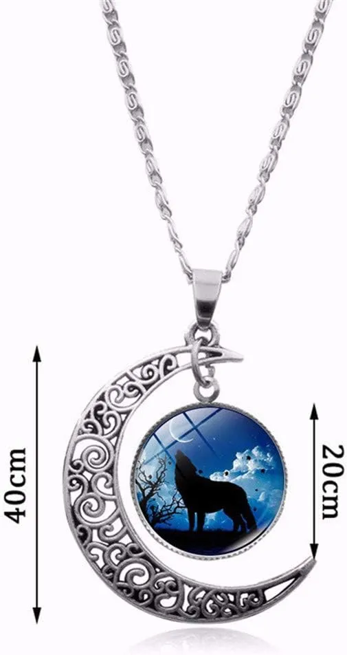 Ailiessy Hollow Crescent Moon Wolf Necklace Pendant Stud Earrings Vintage Time Gemstone New Moon Charm Bracelets for Women Trendy Christmas Jewelry Set