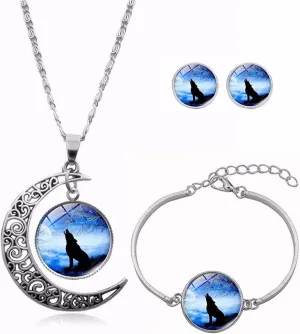 Ailiessy Hollow Crescent Moon Wolf Necklace Pendant Stud Earrings Vintage Time Gemstone New Moon Charm Bracelets for Women Trendy Christmas Jewelry Set