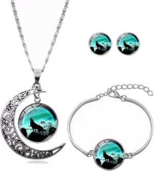 Ailiessy Hollow Crescent Moon Wolf Necklace Pendant Stud Earrings Vintage Time Gemstone New Moon Charm Bracelets for Women Trendy Christmas Jewelry Set