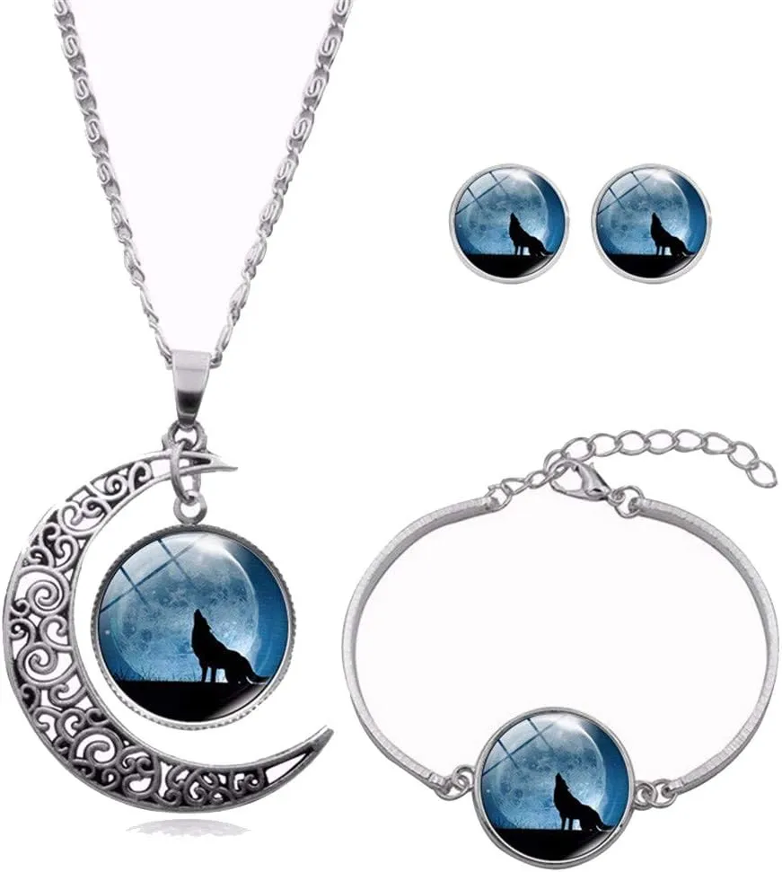 Ailiessy Hollow Crescent Moon Wolf Necklace Pendant Stud Earrings Vintage Time Gemstone New Moon Charm Bracelets for Women Trendy Christmas Jewelry Set