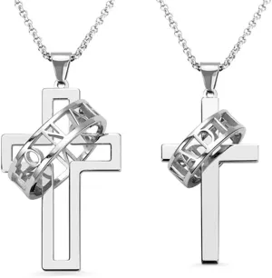 AILIN Faith Cross Personalized Couples Necklace with Halo Ring 925 Sterling Silver Custom Name Pendant Matching Necklace Set Valentine's Day Gifts for Women Men Her Girlfriends