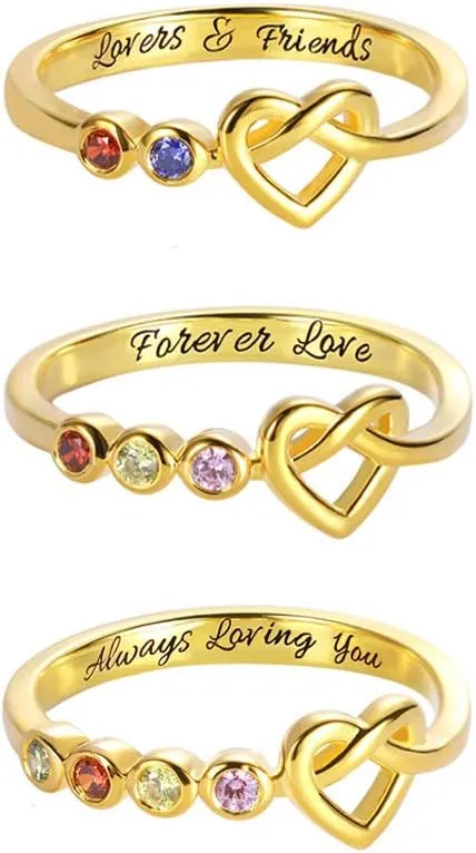 AILIN Knot Love Rings with 2-4 Birthstones 925 Sterling Silver Heart Rings Wedding Bands Promise for Women Mother Couple Family Valentine' Day Gifts