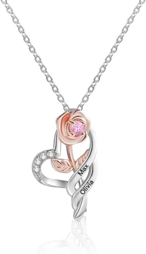 AILIN Personalized Heart Rose Necklace With Birthstone Brass/925 Sterling Silver Custom 1-3 Names Love Necklace For Her Family Mom Necklace Jewelry Birthday Christmas Gifts For Women