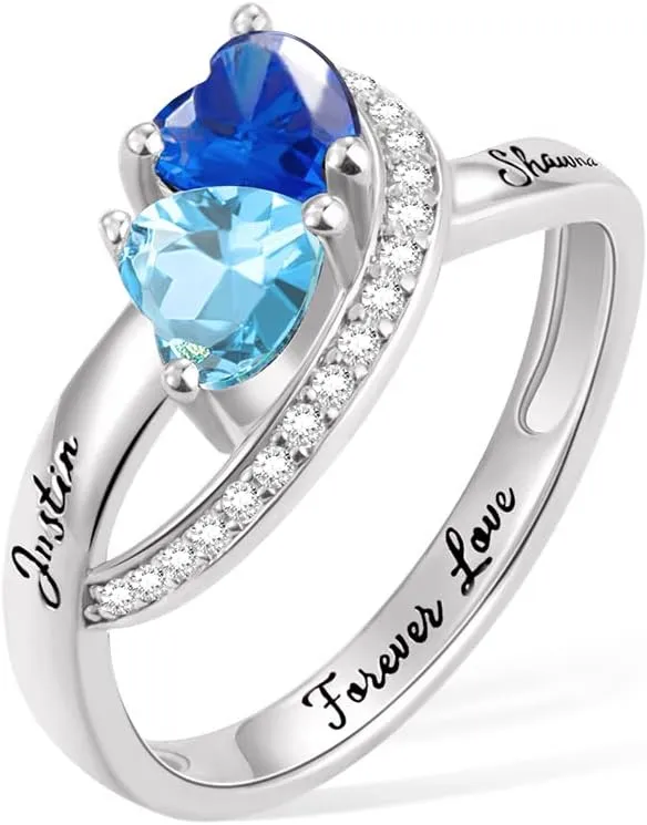 AILIN Personalized Mom Ring With 2 Heart Birthstones 925 Sterling Silver Custom Engraved Name Two Birthstone Rings Mother's Day Promise Rings For Her Christmas Birthday Gifts for Women Daughter Wife