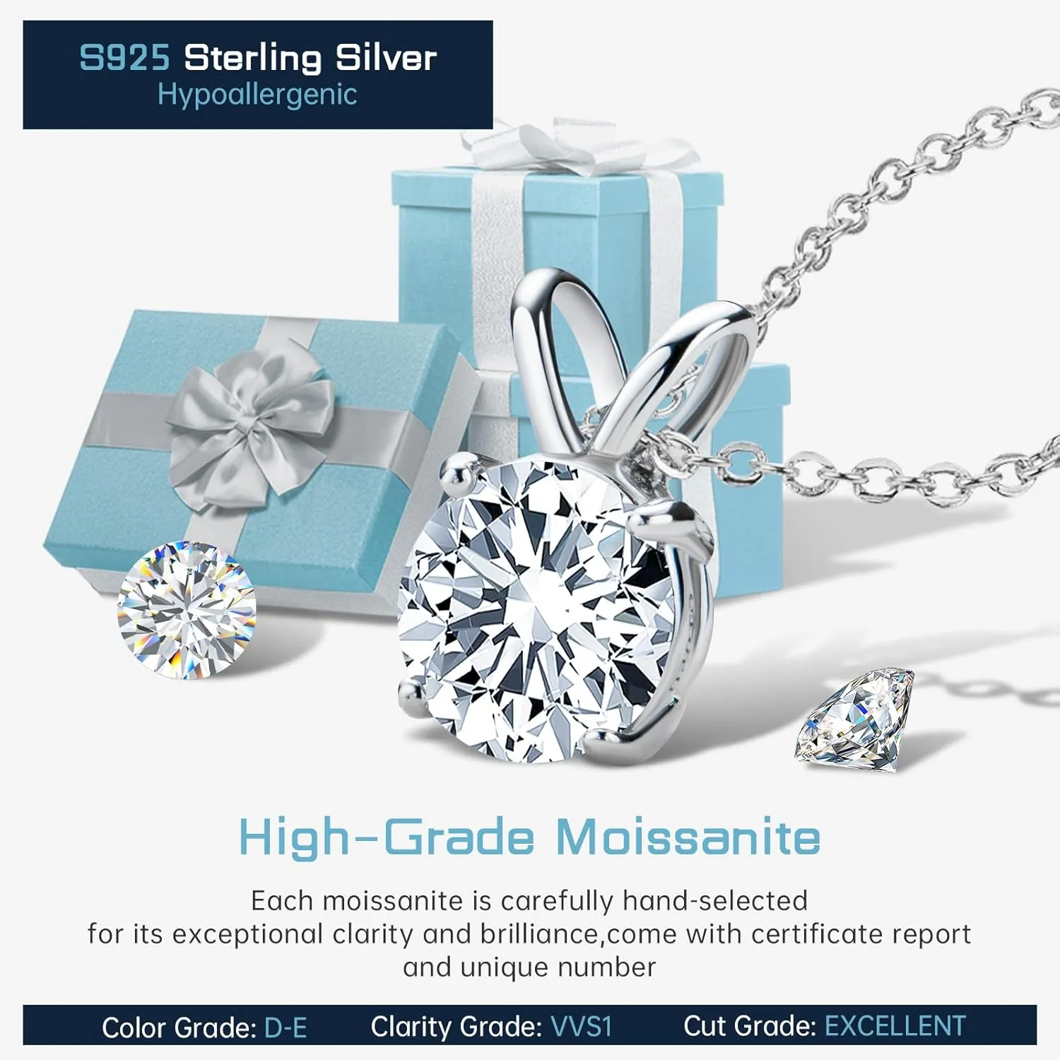 AINUOSHI Moissanite Necklace for Women, 1CT, 2CT, 3CT, 4CT Solitaire Moissanite Pendant Necklace, D-E Color with GRA Certificate, 925 Sterling Silver with 18K Gold Plating, Mother Mom Wife Girlfriend Gifts with Jewelry Box Packed
