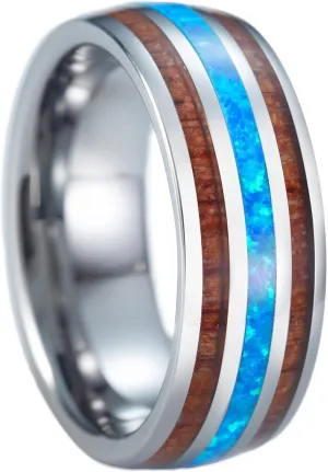 Aloha Jewelry Company 8mm Opal Tungsten Carbide Hawaiian Koa Tree Wood with Created Comfort Fit Ring Engagement Wedding Band Dome Style Weighted High Polished Finish with Gift box