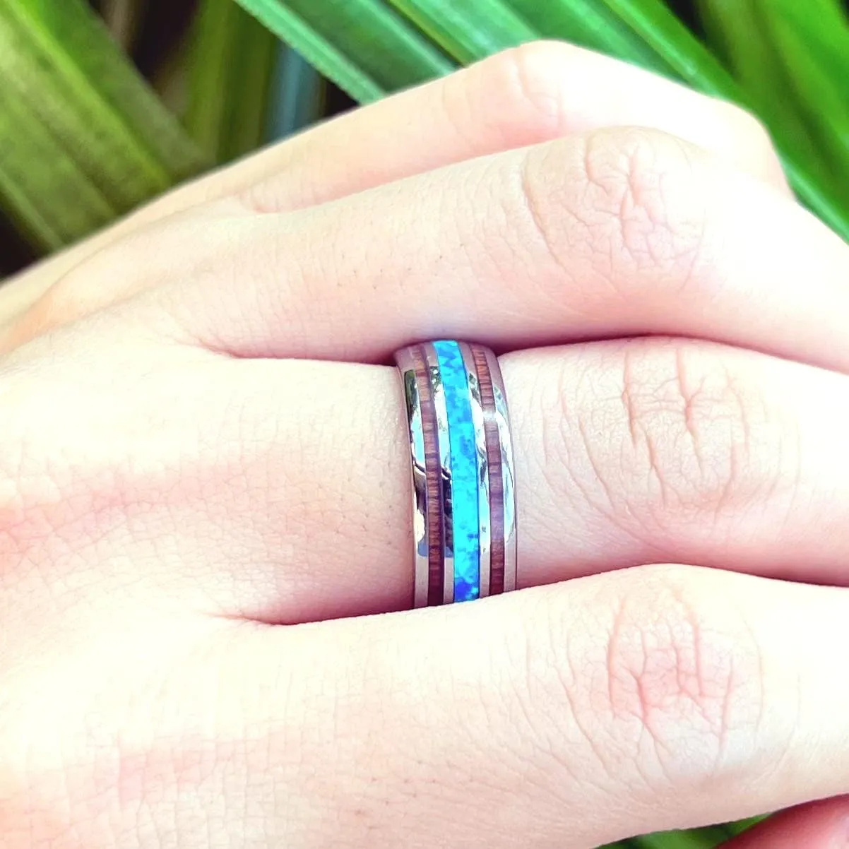 Aloha Jewelry Company 8mm Opal Tungsten Carbide Hawaiian Koa Tree Wood with Created Comfort Fit Ring Engagement Wedding Band Dome Style Weighted High Polished Finish with Gift box
