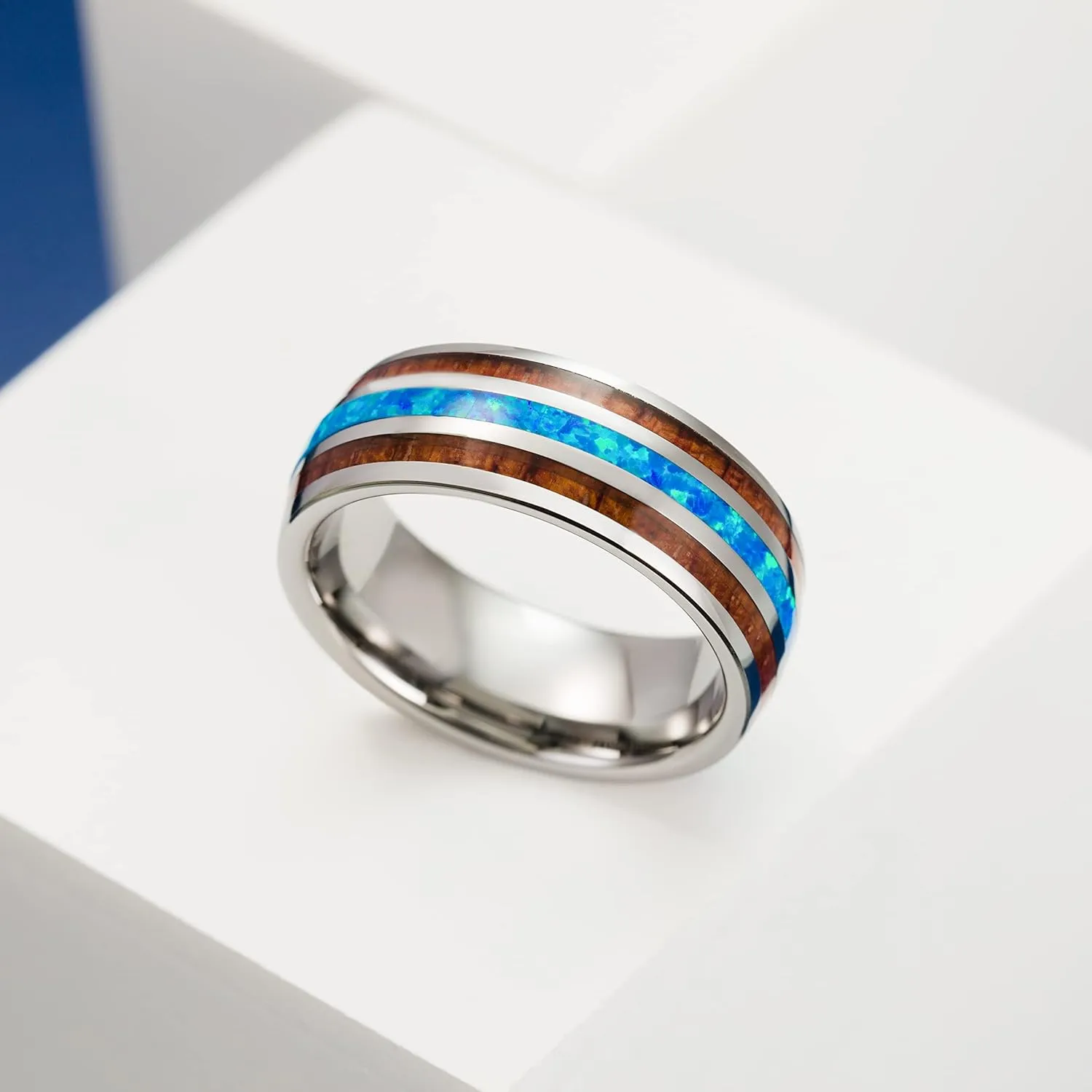 Aloha Jewelry Company 8mm Opal Tungsten Carbide Hawaiian Koa Tree Wood with Created Comfort Fit Ring Engagement Wedding Band Dome Style Weighted High Polished Finish with Gift box
