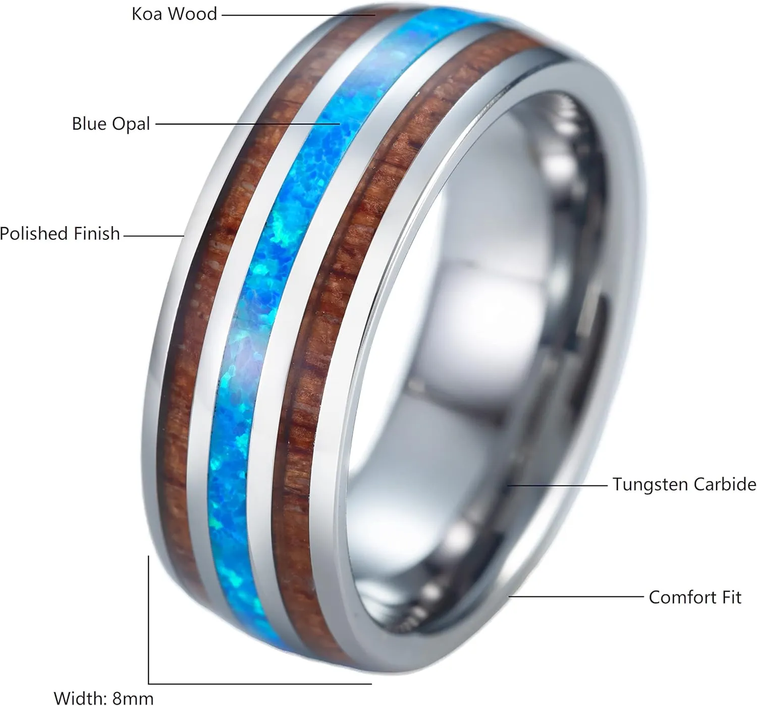 Aloha Jewelry Company 8mm Opal Tungsten Carbide Hawaiian Koa Tree Wood with Created Comfort Fit Ring Engagement Wedding Band Dome Style Weighted High Polished Finish with Gift box