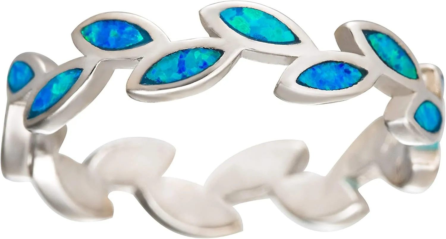 Aloha Jewelry Company Sterling Silver Created Blue Opal Maile Leaf Olive Branch Stackable Wedding Ring Eternity Band