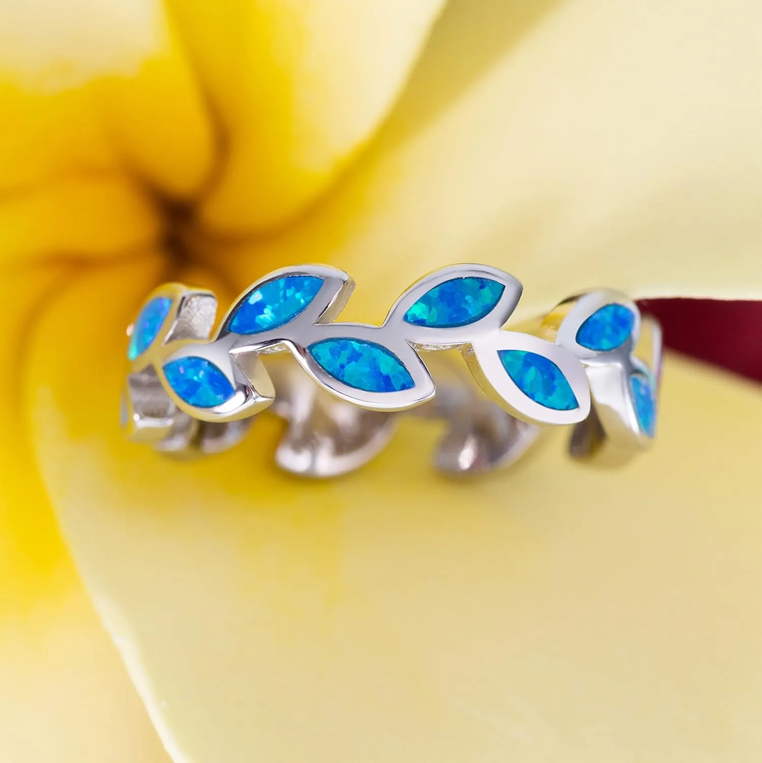 Aloha Jewelry Company Sterling Silver Created Blue Opal Maile Leaf Olive Branch Stackable Wedding Ring Eternity Band