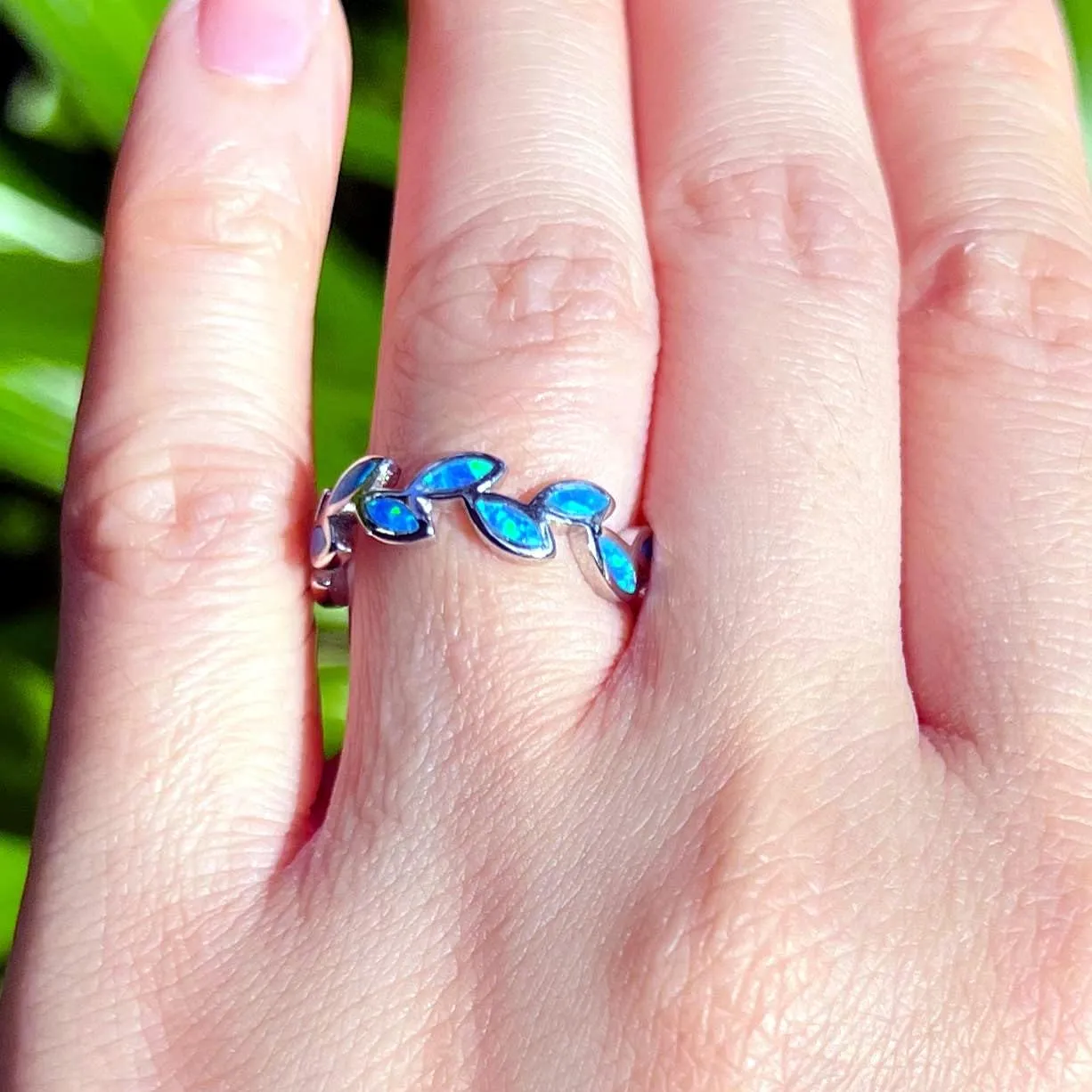 Aloha Jewelry Company Sterling Silver Created Blue Opal Maile Leaf Olive Branch Stackable Wedding Ring Eternity Band