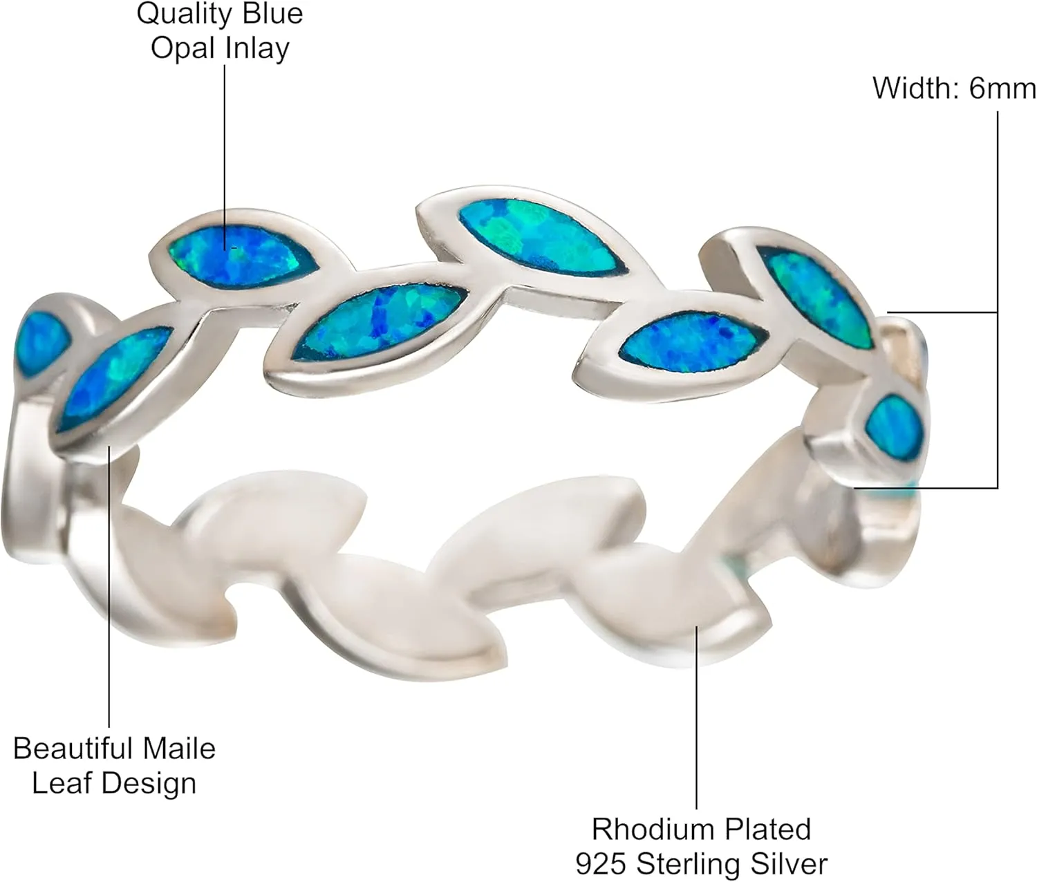 Aloha Jewelry Company Sterling Silver Created Blue Opal Maile Leaf Olive Branch Stackable Wedding Ring Eternity Band
