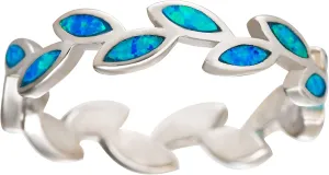 Aloha Jewelry Company Sterling Silver Created Blue Opal Maile Leaf Olive Branch Stackable Wedding Ring Eternity Band