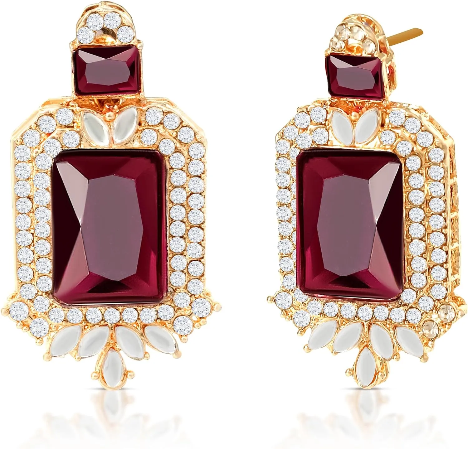 American/AD Two-Layered | Sparkling Square-Shaped Rhinestone Crystal Design Necklace | Dangle Earrings and Maang Tikka for Wedding Jewellery Set for Women