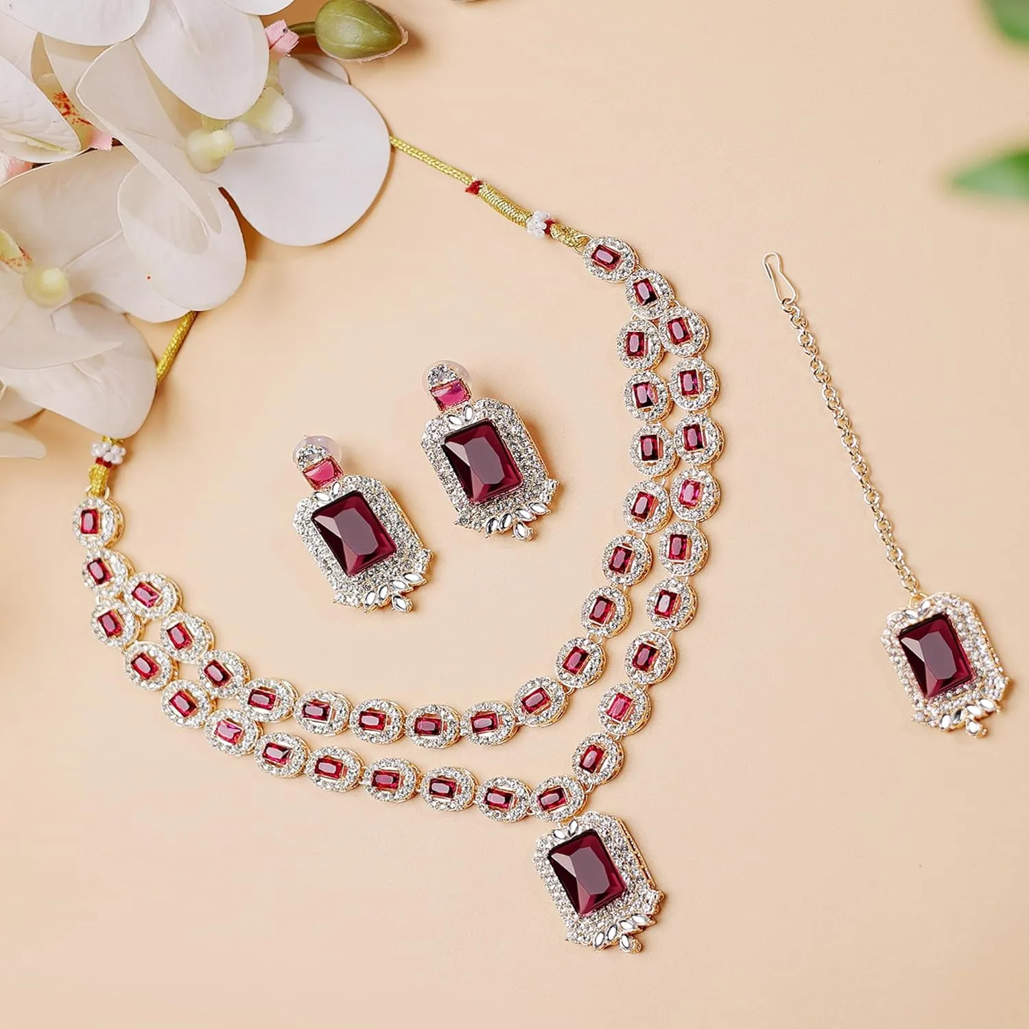 American/AD Two-Layered | Sparkling Square-Shaped Rhinestone Crystal Design Necklace | Dangle Earrings and Maang Tikka for Wedding Jewellery Set for Women