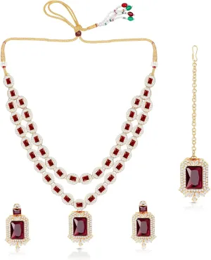 American/AD Two-Layered | Sparkling Square-Shaped Rhinestone Crystal Design Necklace | Dangle Earrings and Maang Tikka for Wedding Jewellery Set for Women
