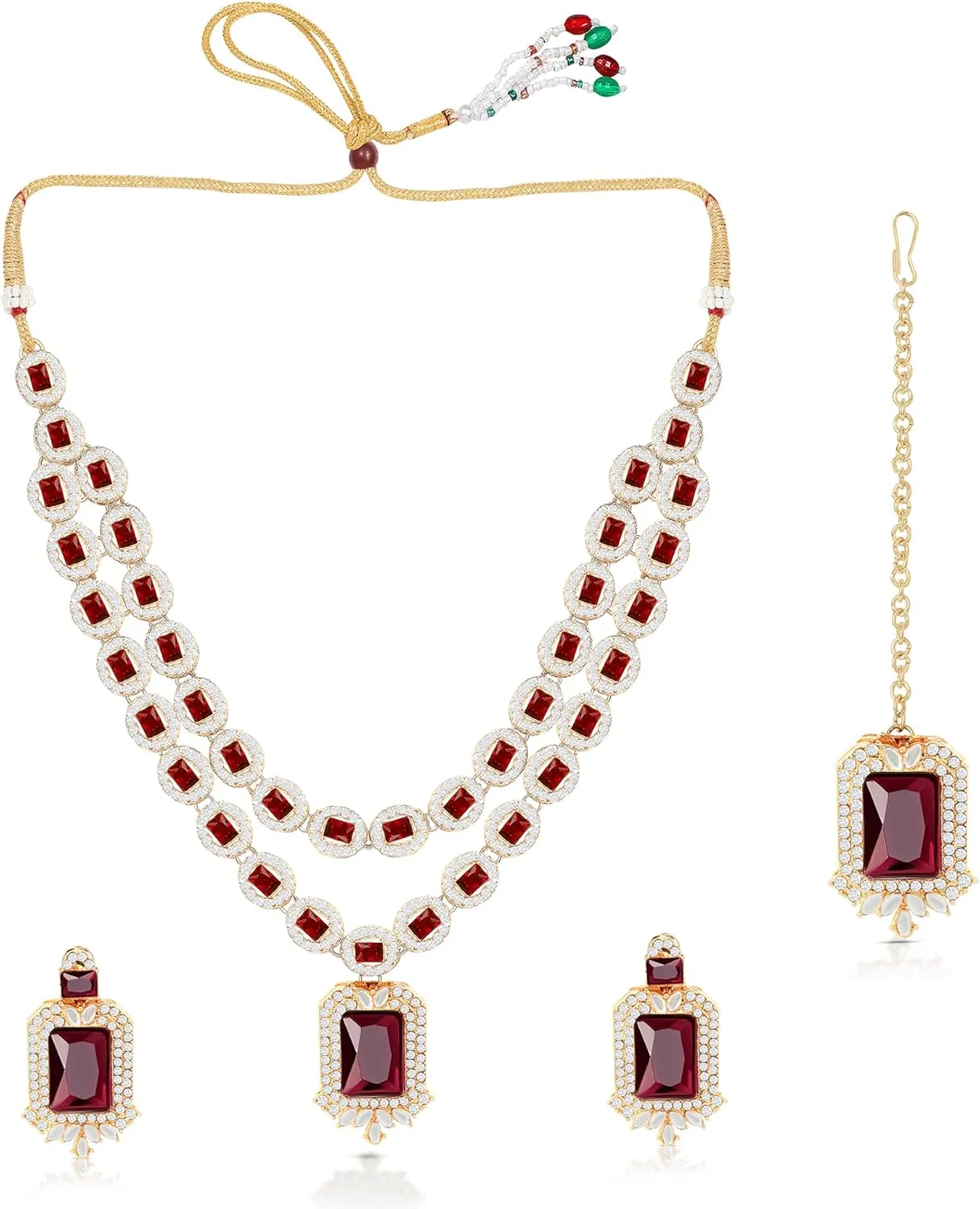American/AD Two-Layered | Sparkling Square-Shaped Rhinestone Crystal Design Necklace | Dangle Earrings and Maang Tikka for Wedding Jewellery Set for Women