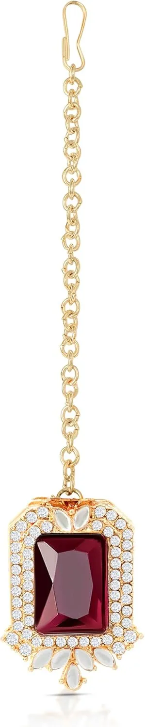 American/AD Two-Layered | Sparkling Square-Shaped Rhinestone Crystal Design Necklace | Dangle Earrings and Maang Tikka for Wedding Jewellery Set for Women