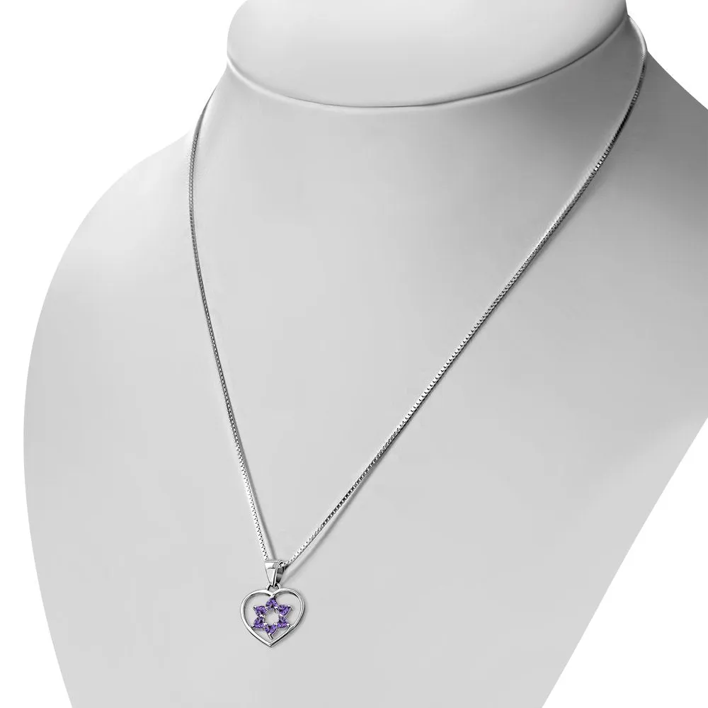 Amethyst CZ Heart Shape Star David Silver Pendant
