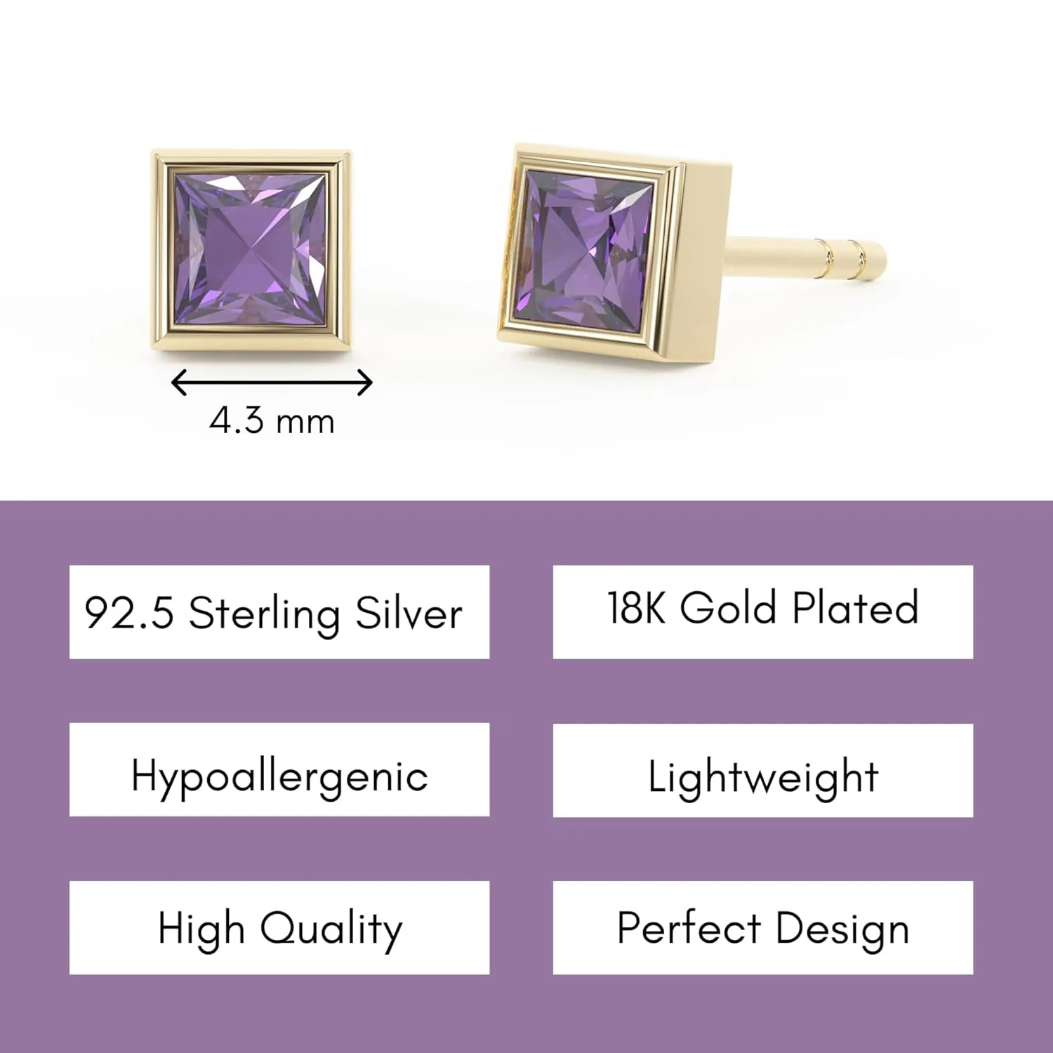 Amethyst Stud Earrings for Women, Square Stud Earrings - Hypoallergenic 18K Gold Stud Earrings, Genuine 925 Sterling Silver - February Birthstone Mothers Day Gifts (4.3mm Square)