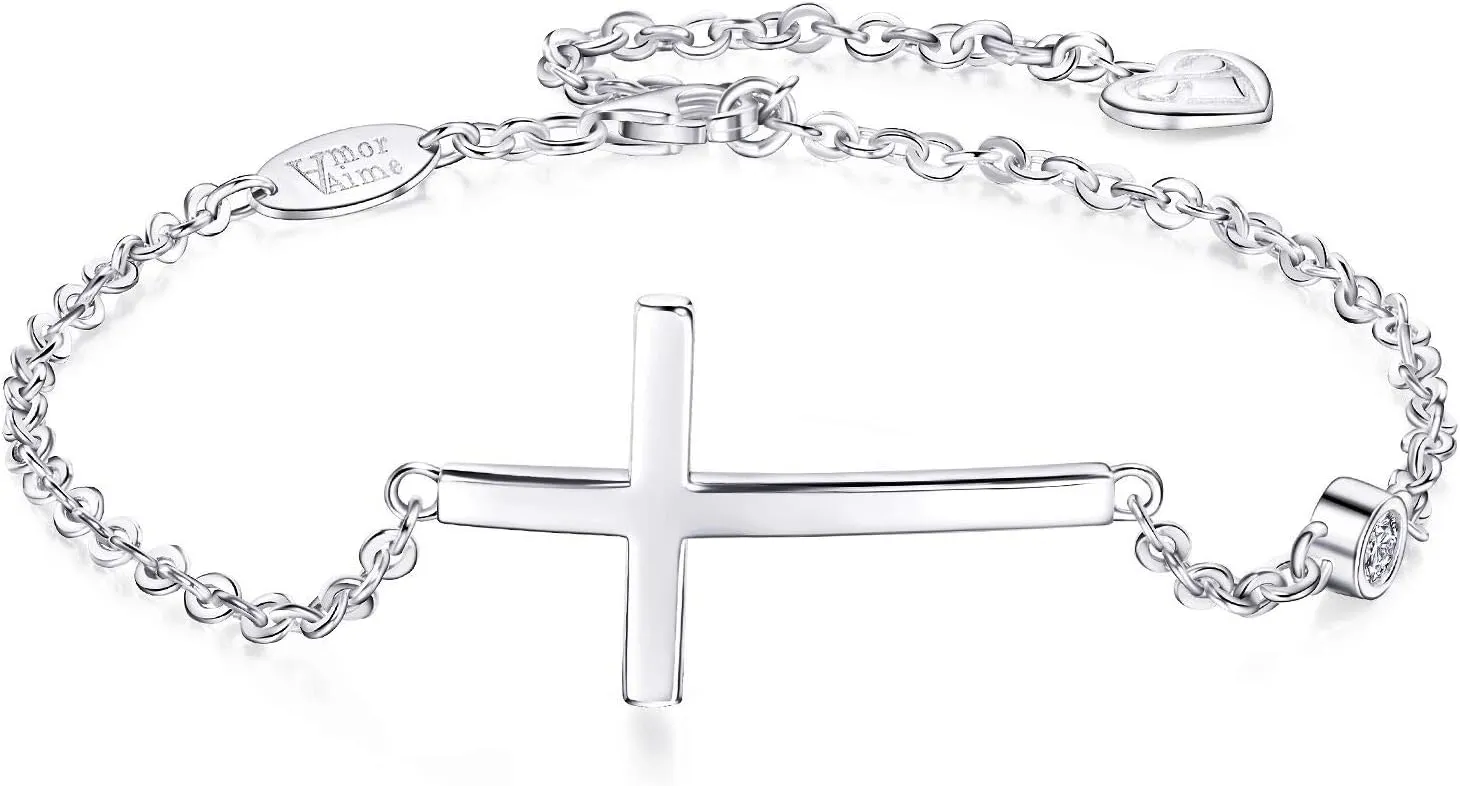 AmorAime 925 Sterling Silver Cross Bracelet for Women Christian Faith Bracelet 14K Gold Plated Bracelets Believe CZ Adjustable for Easter or Holiday