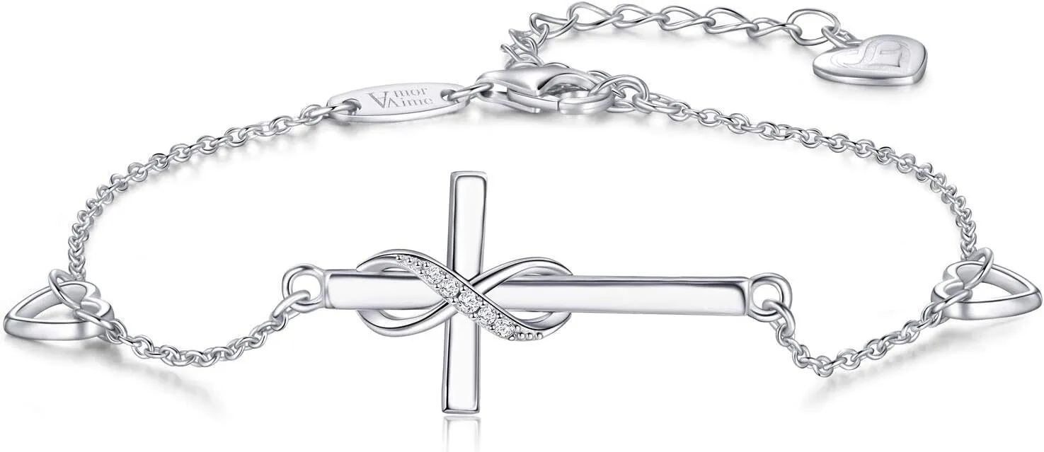 AmorAime 925 Sterling Silver Cross Bracelet for Women Christian Faith Bracelet 14K Gold Plated Bracelets Believe CZ Adjustable for Easter or Holiday