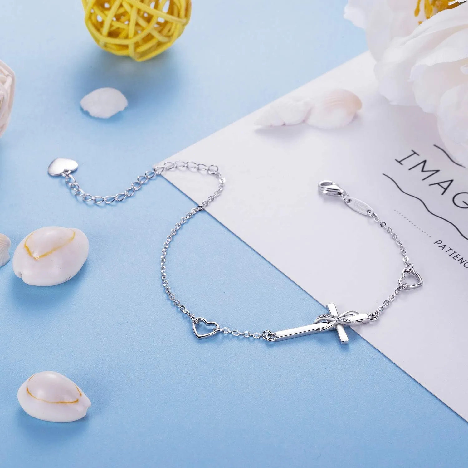 AmorAime 925 Sterling Silver Cross Bracelet for Women Christian Faith Bracelet 14K Gold Plated Bracelets Believe CZ Adjustable for Easter or Holiday
