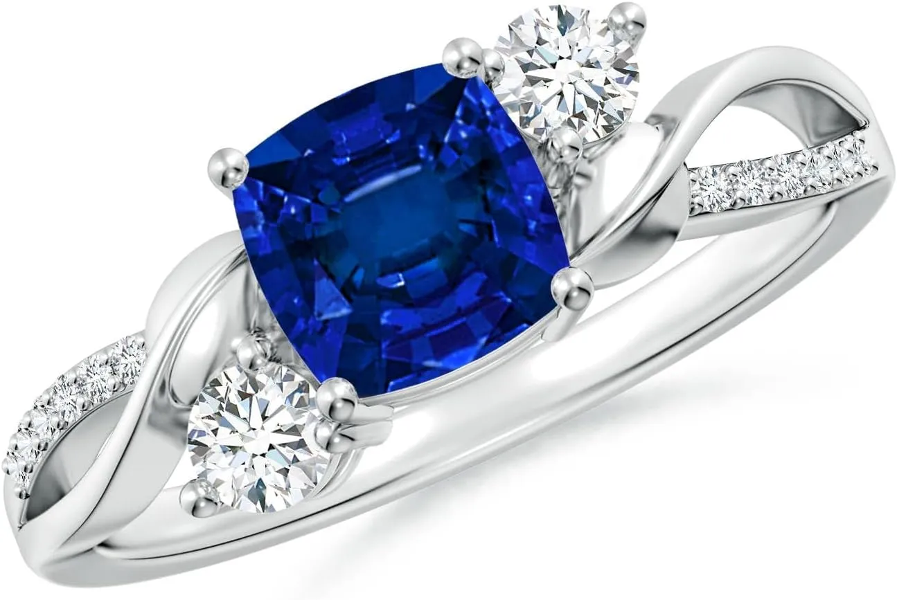 Angara Cushion Lab Grown Blue Sapphire Twisted Vine Engagement Ring in 14K Solid Gold/Platinum | Birthday, Anniversary, Wedding Jewelry Gift for Women