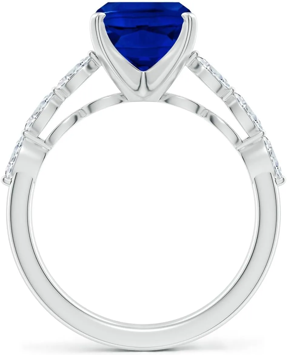 Angara Cushion Rectangular Lab Grown Blue Sapphire Engagement Ring with Marquise Diamonds in 14K Solid Gold/Platinum | Birthday, Anniversary, Wedding Jewelry Gift for Women