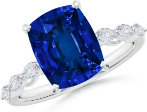 Angara Cushion Rectangular Lab Grown Blue Sapphire Engagement Ring with Marquise Diamonds in 14K Solid Gold/Platinum | Birthday, Anniversary, Wedding Jewelry Gift for Women