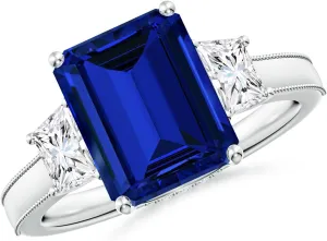 Angara Emerald-Cut Lab Grown Blue Sapphire and Trapezoid Diamond Hidden Halo Engagement Ring in 14K Solid Gold/Platinum | Birthday, Anniversary, Wedding Jewelry Gift for Women