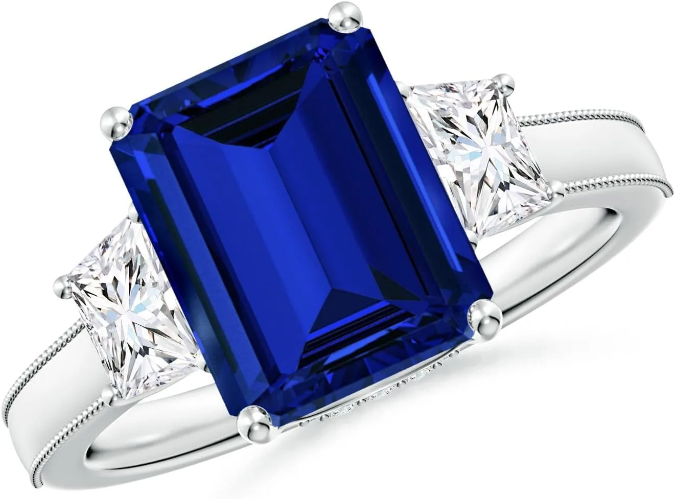 Angara Emerald-Cut Lab Grown Blue Sapphire and Trapezoid Diamond Hidden Halo Engagement Ring in 14K Solid Gold/Platinum | Birthday, Anniversary, Wedding Jewelry Gift for Women