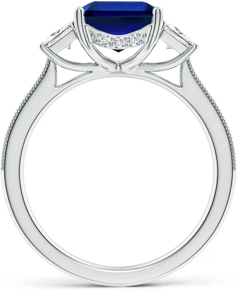 Angara Emerald-Cut Lab Grown Blue Sapphire and Trapezoid Diamond Hidden Halo Engagement Ring in 14K Solid Gold/Platinum | Birthday, Anniversary, Wedding Jewelry Gift for Women