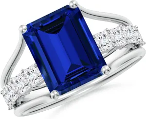 Angara Emerald-Cut Lab Grown Blue Sapphire Bridge Engagement Ring in 14K Solid Gold/Platinum | Birthday, Anniversary, Wedding Jewelry Gift for Women