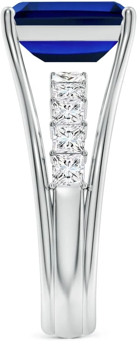 Angara Emerald-Cut Lab Grown Blue Sapphire Bridge Engagement Ring in 14K Solid Gold/Platinum | Birthday, Anniversary, Wedding Jewelry Gift for Women