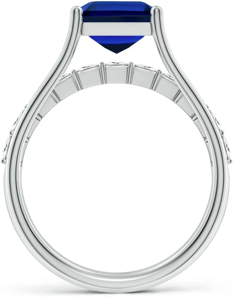 Angara Emerald-Cut Lab Grown Blue Sapphire Bridge Engagement Ring in 14K Solid Gold/Platinum | Birthday, Anniversary, Wedding Jewelry Gift for Women