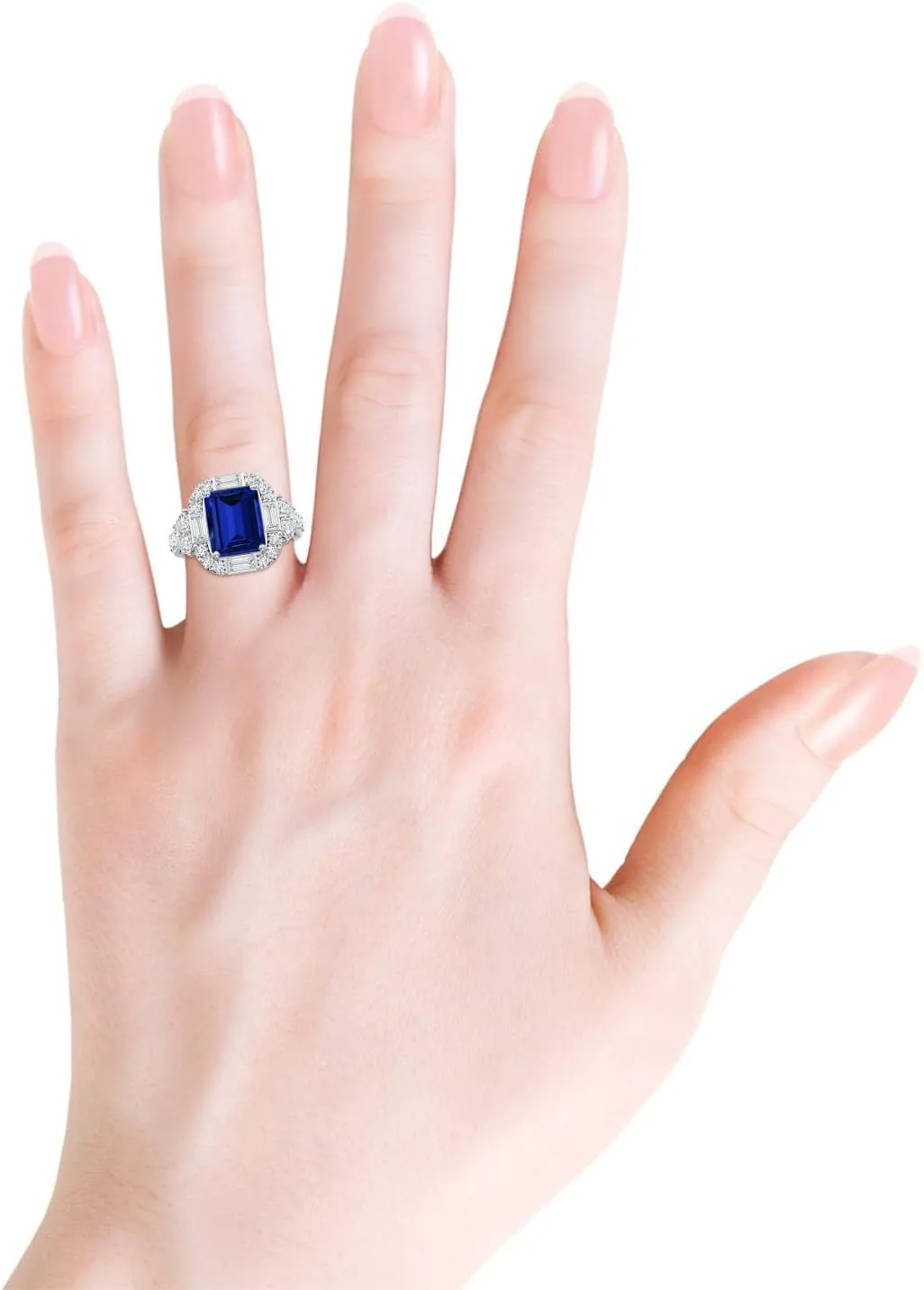 Angara Emerald-Cut Lab Grown Blue Sapphire Unique Halo Engagement Ring with Accents in 14K Solid Gold/Platinum | Birthday, Anniversary, Wedding Jewelry Gift for Women