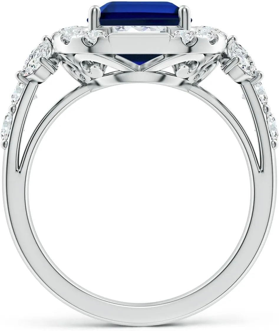 Angara Emerald-Cut Lab Grown Blue Sapphire Unique Halo Engagement Ring with Accents in 14K Solid Gold/Platinum | Birthday, Anniversary, Wedding Jewelry Gift for Women